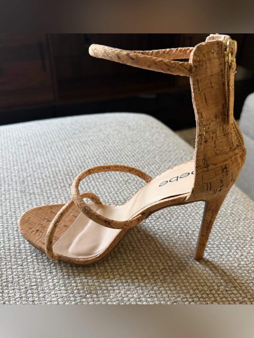 NWOT bebe Cork-Textured Tan Strappy High Heel Sandals